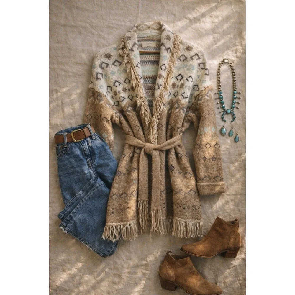 LUCKY BRAND Beige Fair Isle Print Open Front Tie Cardigan Sweater Womens size M - Picture 3 of 13